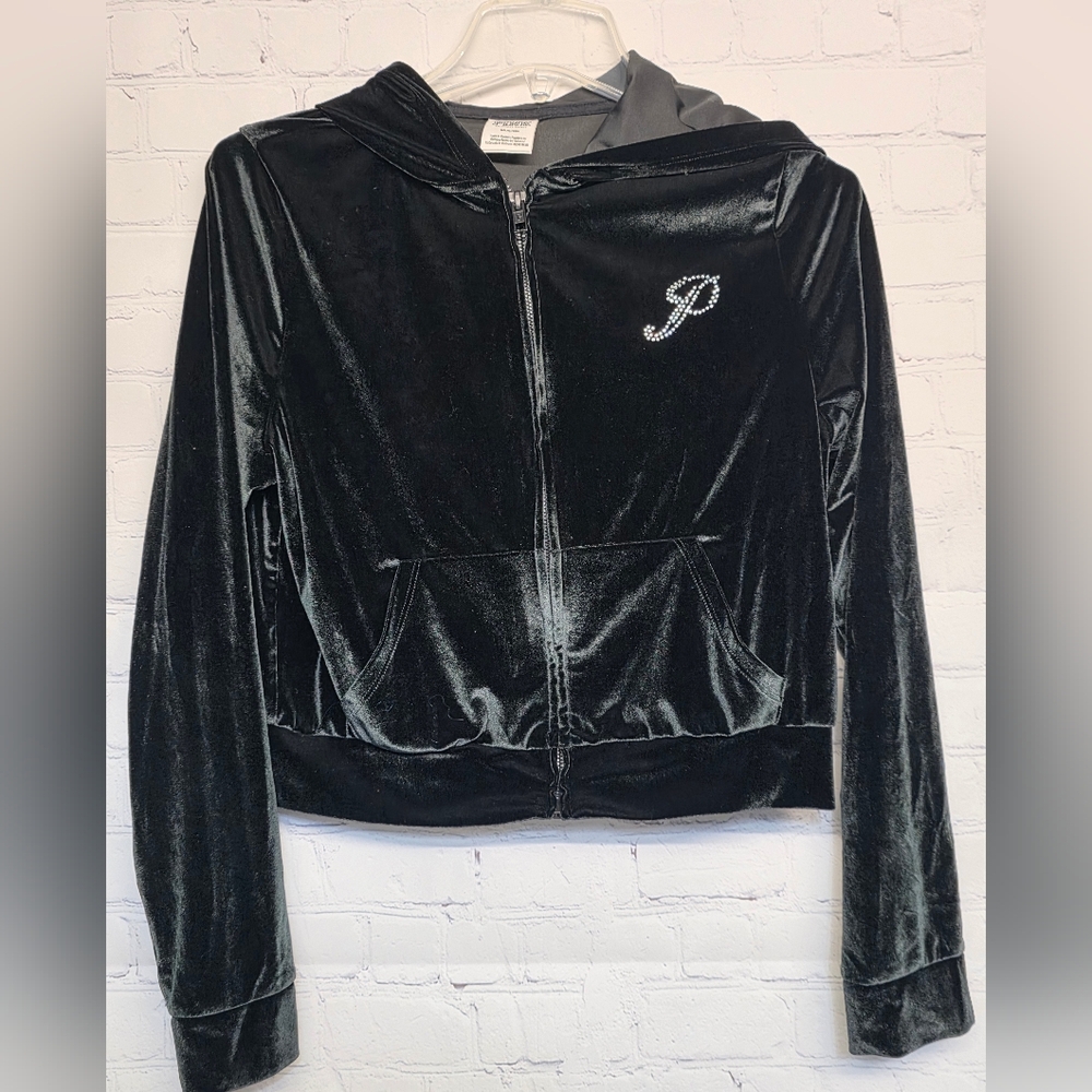PINK Victoria's Secret Dark Green Crop Velvet Zip-Up Hoodie with Rhinestone 'P'